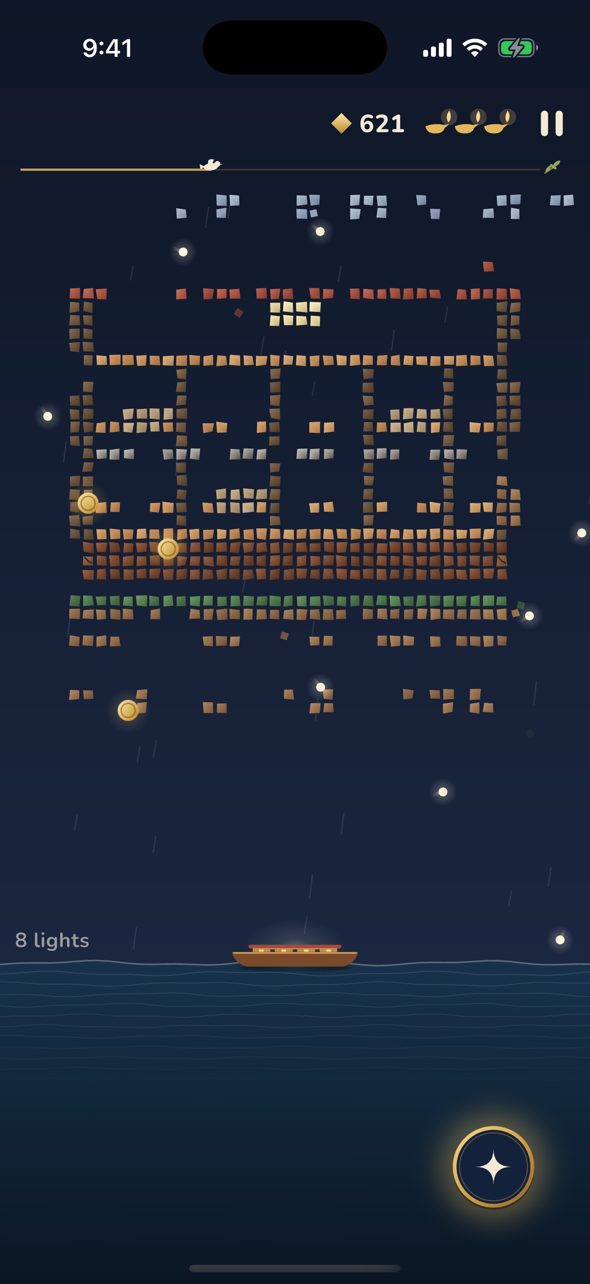 Bible Brick Breaker level in play: lights from the ark break a mosaic of Noah’s ark while coins fall