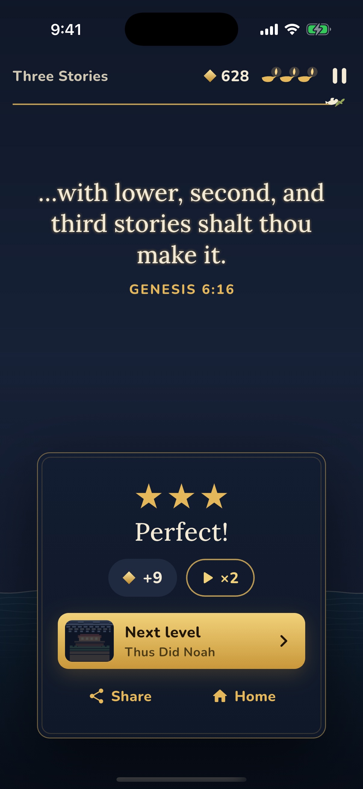 A level complete: the verse Genesis 6:16 revealed, with three stars