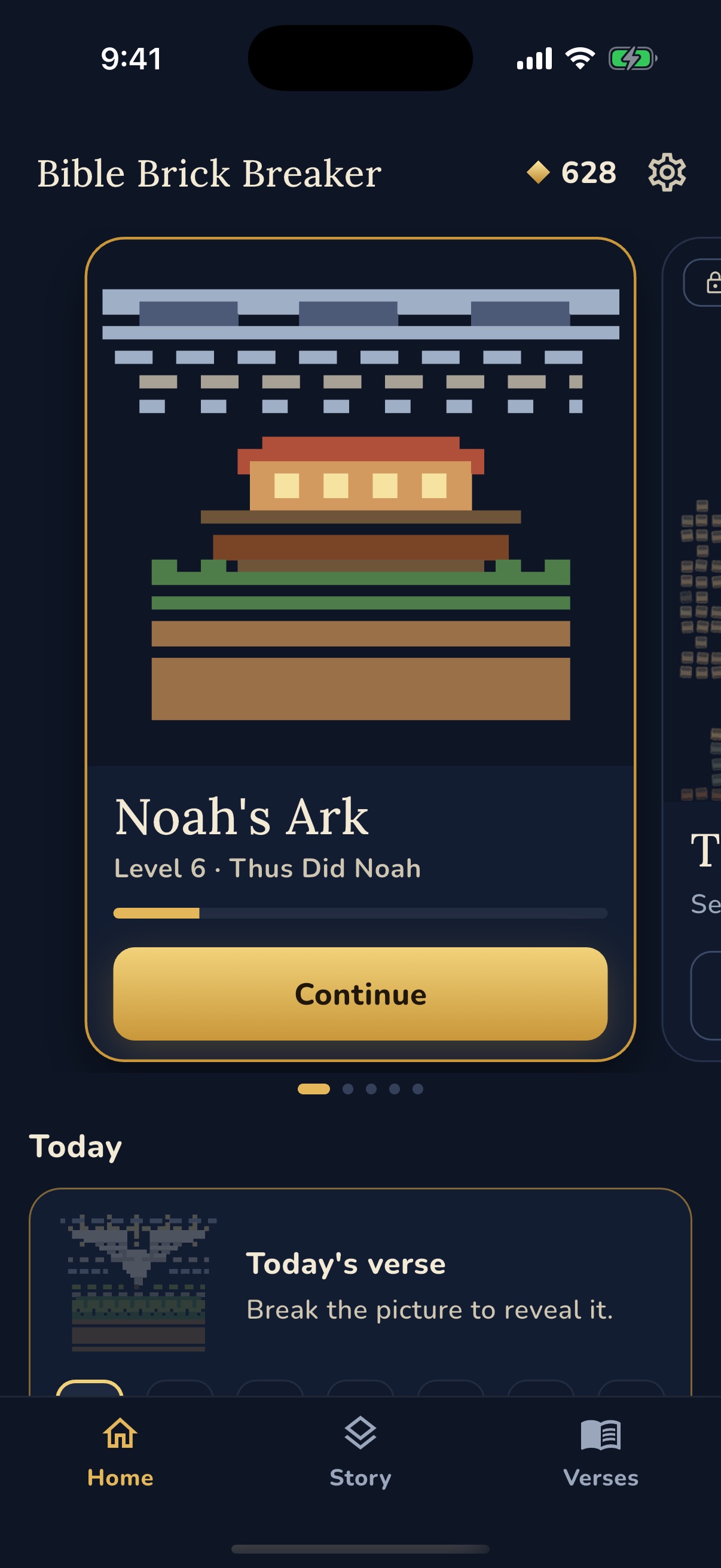 Home screen with the Noah’s Ark world and Today’s verse