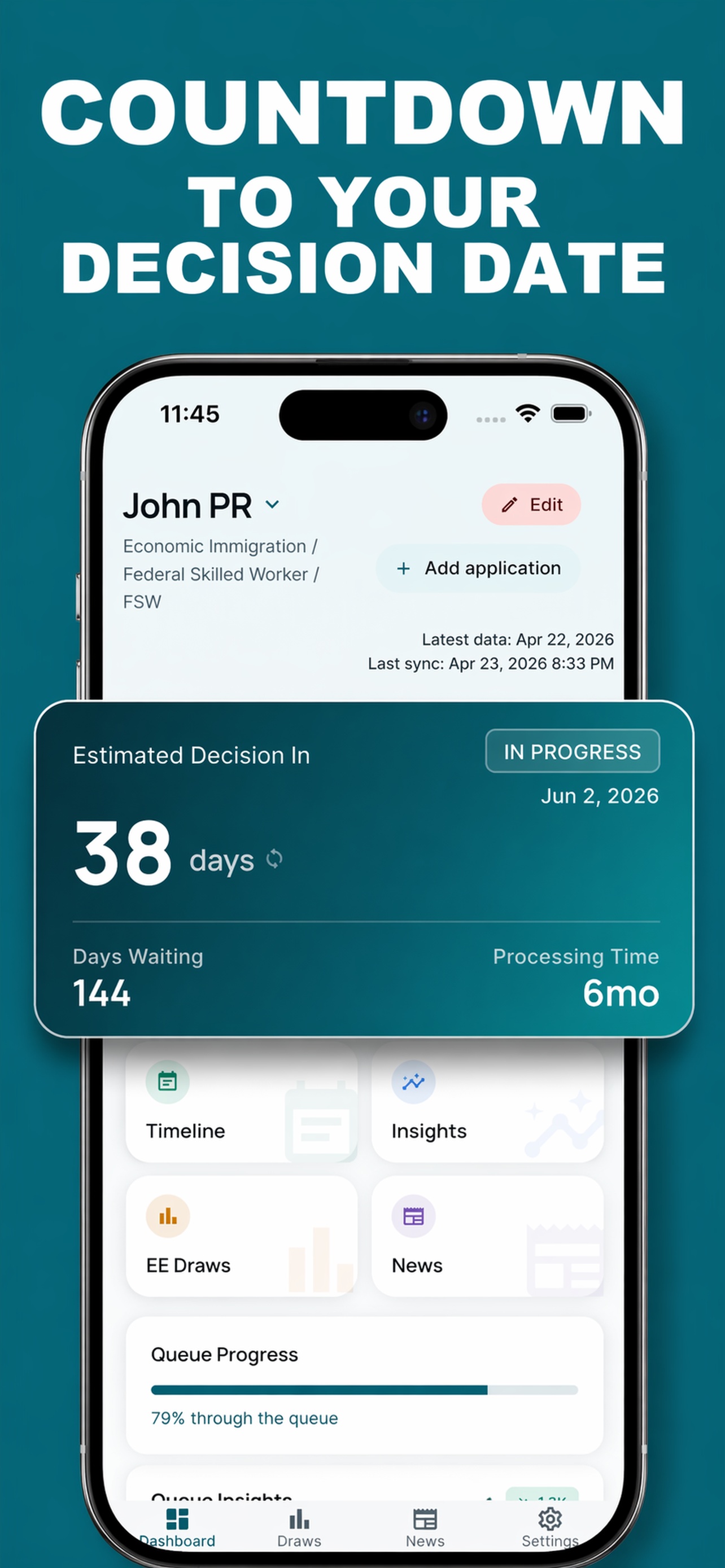 Canada Visa & PR Tracker dashboard showing decision date countdown